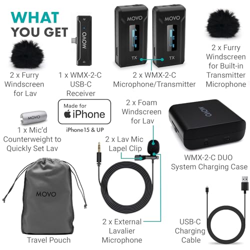 Movo WMX-2-C-DUO Wireless Microphone for iPhone 15/16/17 with Charging Case - Microphone for USB-C Lapel Mic - 7HR Battery Wireless Lavalier Mic for iPhone 15/16/17 and up - style: 2 Transmitters