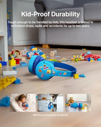 Belkin SoundForm Mini Bluetooth Kids Headphones, On Ear, 30H Battery Life | Toddler headphones, 85dB Volume Limit, Built-in Mic, Wired Connection Option, iPad, Android Tablet, School, Travel - color: Blue, style: Wireless (USB-C)