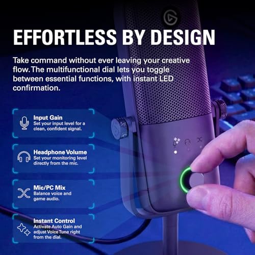 Elgato Wave:3 MK.2 USB Condenser Microphone, DSP Effects | Clipguard 2.0 protection, Auto Gain calibration, Onboard voice enhancer, compressor, EQ, Multifunction dial, USB-C - color: Black