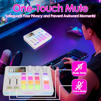 Portable Audio Mixer & Live Sound Card with Voice Changer, RGB Gaming Lights, Bluetooth Accompaniment, Compatible with, PC, for Streaming and Podcasting (White)