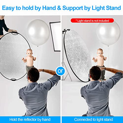 WELLMAKING 43'' Reflector Photography with Tilt Adapter for Studio Outdoor | 110cm 5-in-1 Light Reflector, Foldable with Carrying Bag, Portable Setup,Premium Coating, Translucent Silver Gold White Black - size: 43 Inch (110cm)