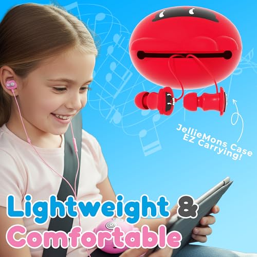 Jellie Drops Wired Earbuds for Kids, Featuring Colorful Characters. Silicone Storage case, 3.5mm aux, USB C Adapter, Volume Control, School Ready, Cute, Lightweight, and Compact. (Pink) - color: Pink