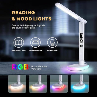IHAO Luxury Multifunctional LED Desk Lamp10W Qi Wireless Charger Digital Alarm Clock Ambient Light & Temperature Display Adjustable Eye-Care Table Lamp with Leather Texture Design Table Lamp-U20 White - color: Table Lamp UL-U20 White