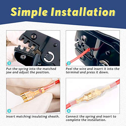Glarks 720Pcs 2.8mm 4.8mm 6.3mm Male and Female Wire Spade Connector and Insulating Sleeve Assortment Kit Copper Wire Crimp Terminal Block with Nylon Sleeve Set for Car Audio Speaker - style: 720Pcs Golden Spade Connector