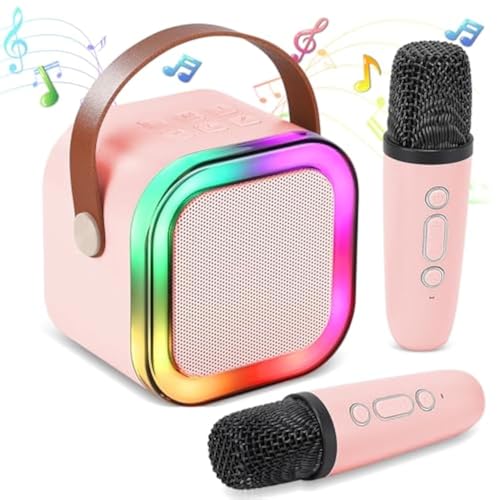 Mini Karaoke Machine for Kids, Portable Bluetooth Speaker with 2 Wireless Microphones,Christmas and Birthday Gifts Suitable for Girls Aged 4 to 12(Pink) - color: Pink
