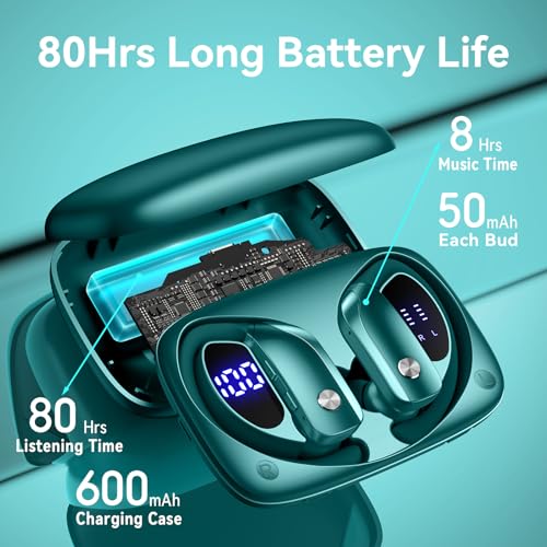 bmani Ear Buds Wireless Earbuds Bluetooth Headphones with 80H Playtime LED Display Case, Over-Ear Hook with Mic, Stereo Sound, Easy Button Controls, Sports Earphones for Running Workout Gym Green - color: Green, style: Standard