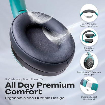 PowerLocus Bluetooth Headphones Over Ear, 60H Playtime, 4 EQ Modes Wireless Headphones with Microphone, Hi-Fi Stereo Deep Bass Foldable Headphone, Soft Foam Ear Cups,Fast Charging for Travel/PC/Phones - color: Grey/Mint