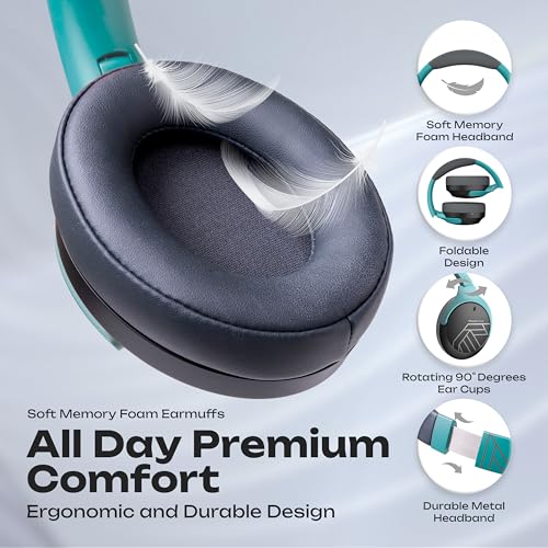 PowerLocus Bluetooth Headphones Over Ear, 60H Playtime, 4 EQ Modes Wireless Headphones with Microphone, Hi-Fi Stereo Deep Bass Foldable Headphone, Soft Foam Ear Cups,Fast Charging for Travel/PC/Phones - color: Grey/Mint