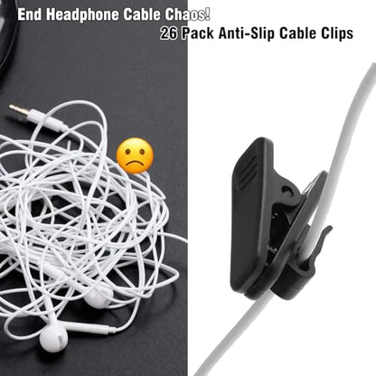 26 Pack Headphone Cable Clips, Anti-Slip Wire Holder for Earphone, Microphone, Earbud Cords - Clip to Shirt, Collar for Tangle-Free Music & Calls During Exercise, Work, Office
