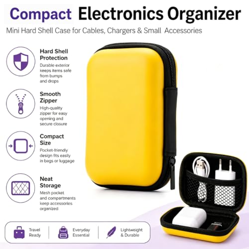 Headphone Case Hard Edge Zipper Bag Compact Portable Headset Storage Bag For Wireless,Headphones Earbuds Cables Charging Cable Travel Waterproof Commuting Home - color: Yellow
