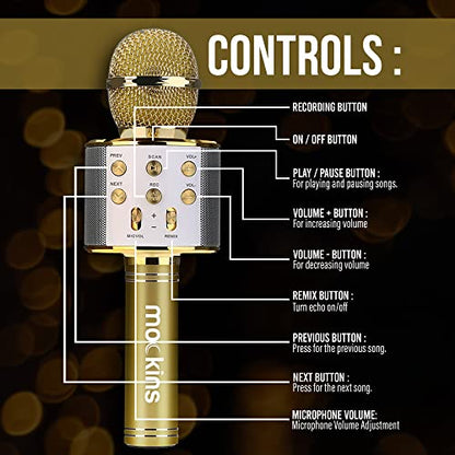 Mockins Gold Bluetooth Karaoke Microphone for Kids with Built in Bluetooth Microphone Wireless Speaker | Wireless Mic Karaoke Compatible with iPhone & Android | All-in-One Mic - color: Gold