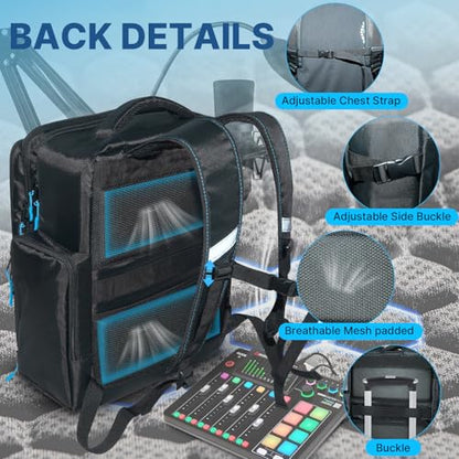 DJ Mixer Case,for RODECaster Pro / RODECaster Pro II / RC Duo / Behringer Q1202USB / ProFX8v2 / Yamaha MG10XU / TC-Helicon GoXLR and More Mixers,Audio Mixer Backpack with Multi-Pockets for Equipment