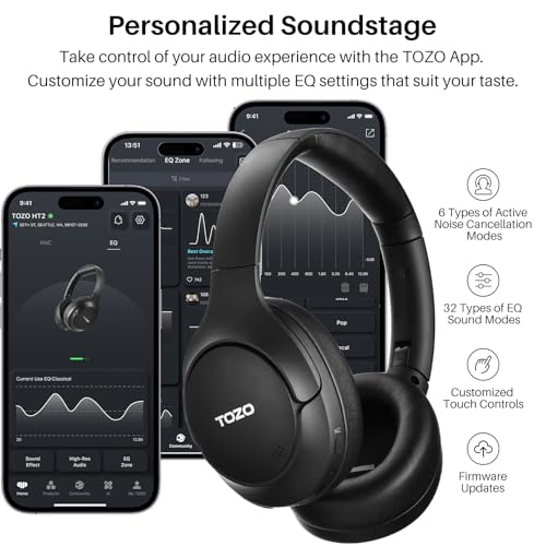 TOZO Hybrid Active Noise Cancelling Headphones, Hi Res Audio | Wireless Over Ear Bluetooth Headset, 60H Playtime, Custom EQ via App Deep Bass Comfort Fit Ear Cups, for Home Office Travel - color: Black