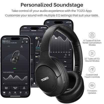 TOZO Hybrid Active Noise Cancelling Headphones, Hi Res Audio | Wireless Over Ear Bluetooth Headset, 60H Playtime, Custom EQ via App Deep Bass Comfort Fit Ear Cups, for Home Office Travel - color: Black
