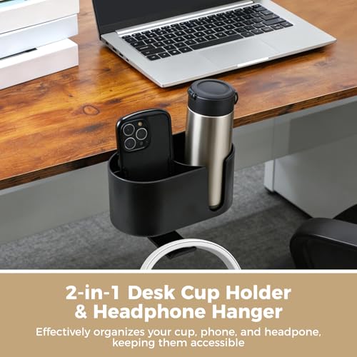 2-in-1 Desk Cup Holder Clamp with Headphone Hanger, Clip On Desk Organizer for Drinks and Headsets, No Drill Install ABS Caddy, Fits Cups Under 3.54 in for Gaming or Office Desks