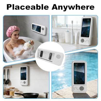 Wall Mount Shower Phone Holder Waterproof,Bathroom Accessories,Waterproof Phone Case,Shower Phones Holder with Speaker,360° Rotation,Retractable Adjustable Bathroom Case Mount Shelf - color: White