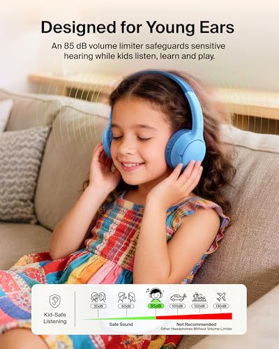 Belkin SoundForm Mini 2 Bluetooth Kids Headphones, On Ear, 55H Battery Life | Toddler headphones with Case, 85dB Volume Limit, Built-in Mic, Wired Connection Option, iPad, Android Tablet, School, Travel - color: Blue