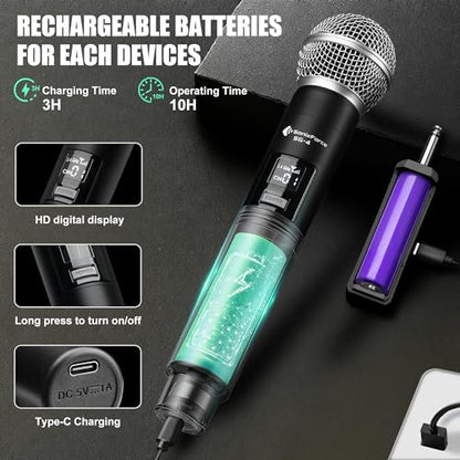 Wireless Microphone for Singing, Karaoke Microphone for Speaker | Dual Handheld Mics with Receiver, 240ft Wireless Range, Plug-and-Play, 8hr Battery Life, USB Recharge - color: Silver