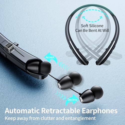 Retractable Neckband Bluetooth Headphones, Wireless Stereo Earbuds with Mic, Bluetooth Headset Noise Cancelling, Vibration Alerts, IPX5 Sweatproof, Sports, Workouts & Driving (Black)