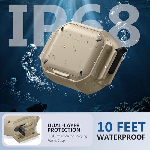 for AirPods Pro 3 Case, IP68 Waterproof Military Grade Protective Cover for AirPods Pro 3rd Gen, Anti-Scratch Hard Shell Cover with Secure Lock, Keychain & Phone Stand (2025), Khaki - color: Khaki