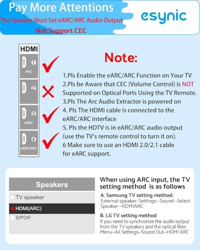 eSynic 192KHZ HDTV ARC/eARC to Old Optical Soundbar Converter-USB Power | 7 ft Long Compact Cable Design-Easy to Setup-Support PCM/Dolby5.1/DTS 5.1 Audio Formats-Necessary to Setup On TV - size: 7 ft Cable Long