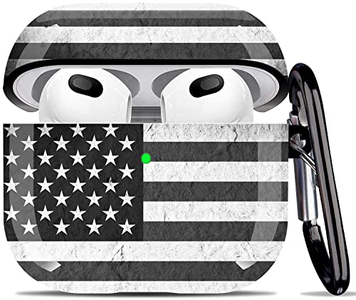 Compatible with Airpods 3rd Generation Case - Wonjury Protective Hard Compatible with Airpods 3 Case Cover with Cleaner Kit Women Girls Keychain, USA Flag Black - color: American Flag Black