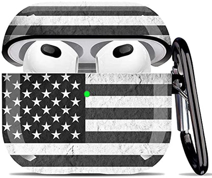 Compatible with Airpods 3rd Generation Case - Wonjury Protective Hard Compatible with Airpods 3 Case Cover with Cleaner Kit Women Girls Keychain, USA Flag Black - color: American Flag Black