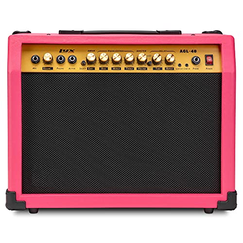LyxPro 40 Watt Electric Guitar Amplifier | Combo Solid State Studio Amp with 8” 4-Ohm Speaker, Custom EQ Controls, Drive, Delay, ¼” Passive/Active/Microphone Inputs, Aux In & Headphone Jack - Pink - color: Pink, size: 40 Watt