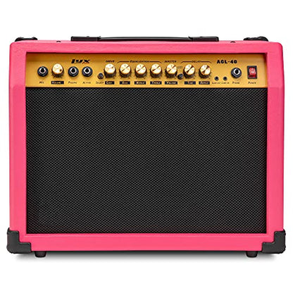 LyxPro 40 Watt Electric Guitar Amplifier | Combo Solid State Studio Amp with 8” 4-Ohm Speaker, Custom EQ Controls, Drive, Delay, ¼” Passive/Active/Microphone Inputs, Aux In & Headphone Jack - Pink - color: Pink, size: 40 Watt