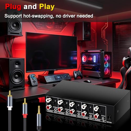 3.5mm Aux RCA L/R Audio Splitter 1 in 4 Out Audio Distributor Box | Share One 3.5mm or RCA Stereo Analog Audio Source with up to Four Powered Speakers, Subwoofers, Amplifiers, Receivers