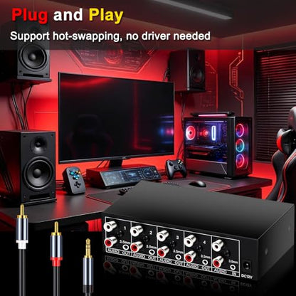 3.5mm Aux RCA L/R Audio Splitter 1 in 4 Out Audio Distributor Box | Share One 3.5mm or RCA Stereo Analog Audio Source with up to Four Powered Speakers, Subwoofers, Amplifiers, Receivers