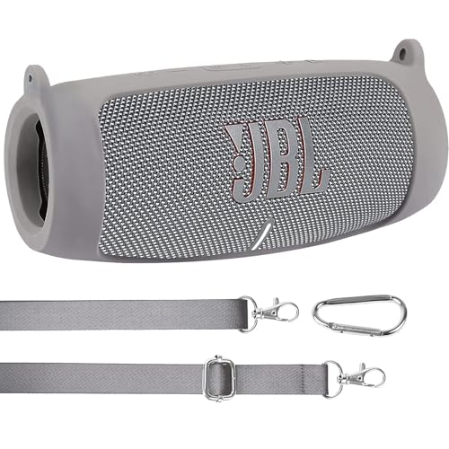 co2CREA for JBL Charge 5 Waterproof Bluetooth Speaker Silicone Cover, Grey | Portable Soft Travel Case with Carabiner, Protective Skin Cover with Shoulder Strap - color: Grey Case, style: Case without handle