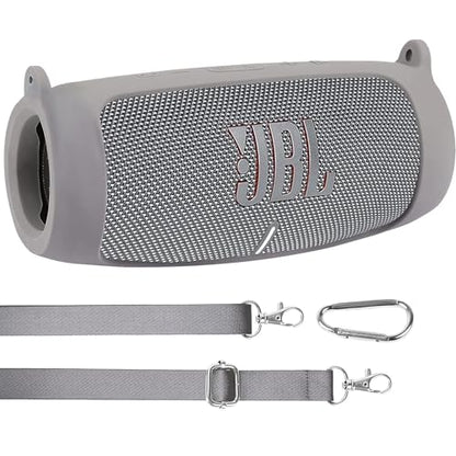 co2CREA for JBL Charge 5 Waterproof Bluetooth Speaker Silicone Cover, Grey | Portable Soft Travel Case with Carabiner, Protective Skin Cover with Shoulder Strap - color: Grey Case, style: Case without handle