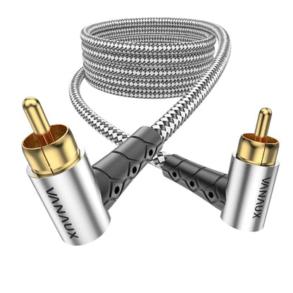 VANAUX Subwoofer Cable Double 90 Degree RCA to RCA Audio Stereo Cable Male to Male 24K Gold Plated Connector Nylon Braided Double Shielded Clean Sounding Signal Silver/15ft/4.6m - color: Double 90°Design RCA, size: Silver-15FT/4.6M