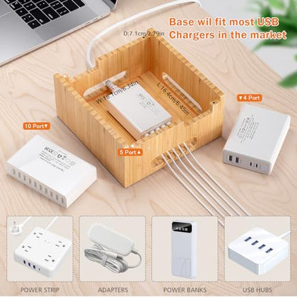 Pezin & Hulin Multiple USB Charging Station Including Charger HUB, 5 Cables | Wooden Bamboo Dock Station for Cell Phones, Tablets, Earpods and Smart Watch -Natural Bamboo