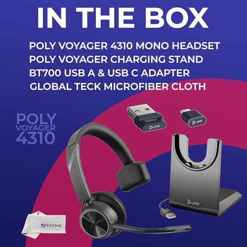 Poly Voyager 4310 UC Wireless Bluetooth Headset (USB-A) with Charging Headset Stand Bundle - Noise Cancelling Mic, Works with USB Deskphone, PC, Mobile, For Zoom and Phone Calls, GTW Microfiber Cloth - color: Mono - w/ Charging Stand