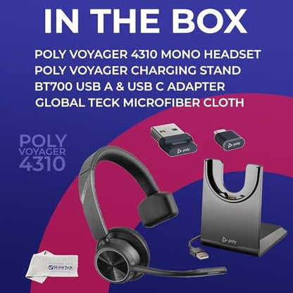 Poly Voyager 4310 UC Wireless Bluetooth Headset (USB-A) with Charging Headset Stand Bundle - Noise Cancelling Mic, Works with USB Deskphone, PC, Mobile, For Zoom and Phone Calls, GTW Microfiber Cloth - color: Mono - w/ Charging Stand