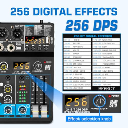 Depusheng Professional Audio Mixer Digital FX 256-Bit DSP USB Bluetooth MP3 Computer DJ Mixer 5 Channel input Interface with 48V Phantom Power for PC recording Live Streaming, Podcasting, Karaok