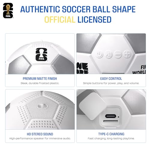 FIFA World Cup 2026 Wireless Bluetooth Speaker - Portable Soccer Ball Shaped Smart Speaker with Dynamic RGB LED, Loud Stereo Sound, Mini Wireless Speaker with TF Card & Lanyard Hole (White)