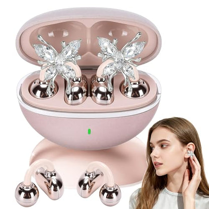 2026 New Jewelry-Inspired Clip-On Earbuds with Detachable Sparkle Butterfly Earrings, Bluetooth 6.0, Cute Wireless Headphones for Women, 50H Playtime, Low Latency, Sports & Workouts (Rose Gold) - color: Rose Gold