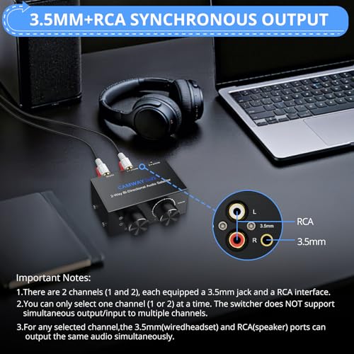 CAMWAY 2X1,1X2 RCA Switcher - RCA L/R and Aux 3.5mm Bi-Directional Stereo Audio Selector Box, Portable with Volume/Off Knob,Professional Audio Splitter for Multiple Audio Source