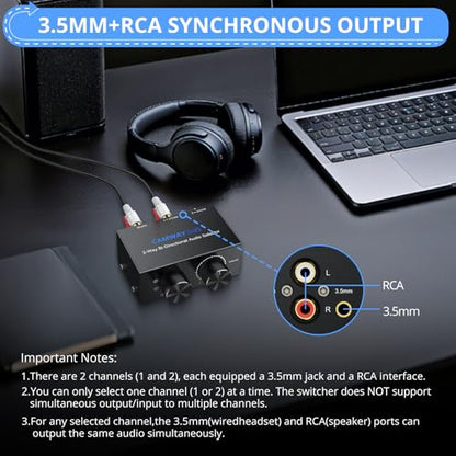CAMWAY 2X1,1X2 RCA Switcher - RCA L/R and Aux 3.5mm Bi-Directional Stereo Audio Selector Box, Portable with Volume/Off Knob,Professional Audio Splitter for Multiple Audio Source
