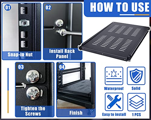 1U Adjustable Rack Mount Shelf Vented Server Rack Drawer 175 lbs 27.5 to 38 Inch Adjustable Mounting Depth Blanking Panel Kit Universal Tray for 19 Inch AV/Network Equipment, Black(1 Piece)