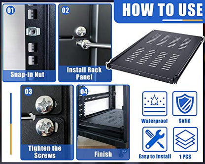 1U Adjustable Rack Mount Shelf Vented Server Rack Drawer 175 lbs 27.5 to 38 Inch Adjustable Mounting Depth Blanking Panel Kit Universal Tray for 19 Inch AV/Network Equipment, Black(1 Piece)