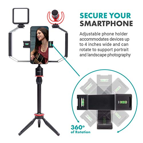 Movo iVlog3 Smartphone Video Bundle VXR10-PRO Directional Microphone, Mini Tripod, LED Camera Light, Wide-Angle Lens - Cell Phone Tripod Stand - External Microphone for iPhone and Android