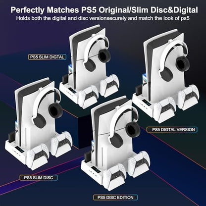 PS5 / PS5 Slim Cooling Station with Controller Charging Station, Cooling Stand for PlayStation 5 Console, PS 5 Dock Accessories Organizer with Storage Slot, PS 5 Cooler Fan, Headset Holder, 4 USB Hub