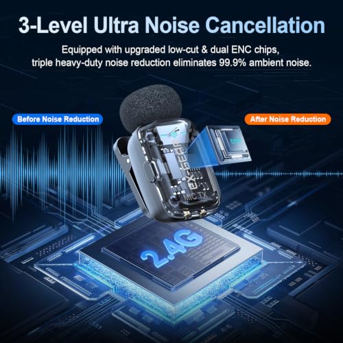 Wireless Lavalier Microphone 3-Level Noise Cancellation for iPhone | Ultralight(5g), Clear Voice, 50M Range, Plug-Play Mini Lav Mic for Android PC, TikTok, YouTube, Video Recording, Black