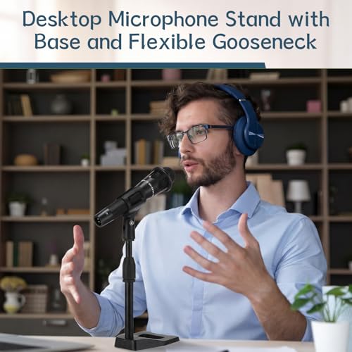 Hicarer 4 Pcs Desktop Mic Stand Height and Angels Adjustable for Diameter Max 1.18" Tabletop Mic Stand Microphone Desk Stands Metal U Shape Weighted Base for Podiums, Meeting Rooms(Black)