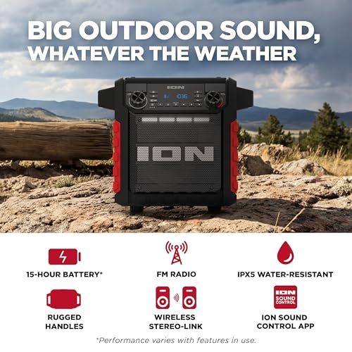 ION Tailgater Classic Portable Bluetooth Outdoor Speaker, Red | Water Resistant, Rechargeable Battery, Radio, USB Charging, Stereo Linking, App Control, for Parties and Outdoor Events - style: Tailgater Classic - Red