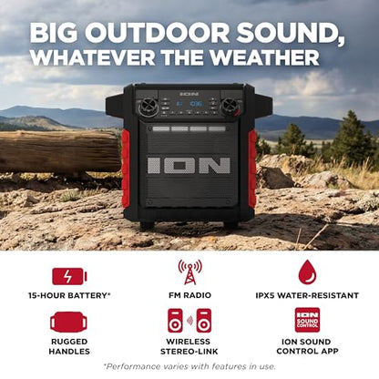 ION Tailgater Classic Portable Bluetooth Outdoor Speaker, Red | Water Resistant, Rechargeable Battery, Radio, USB Charging, Stereo Linking, App Control, for Parties and Outdoor Events - style: Tailgater Classic - Red
